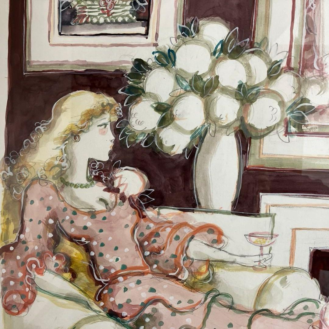 水彩画 女性と花の静物画