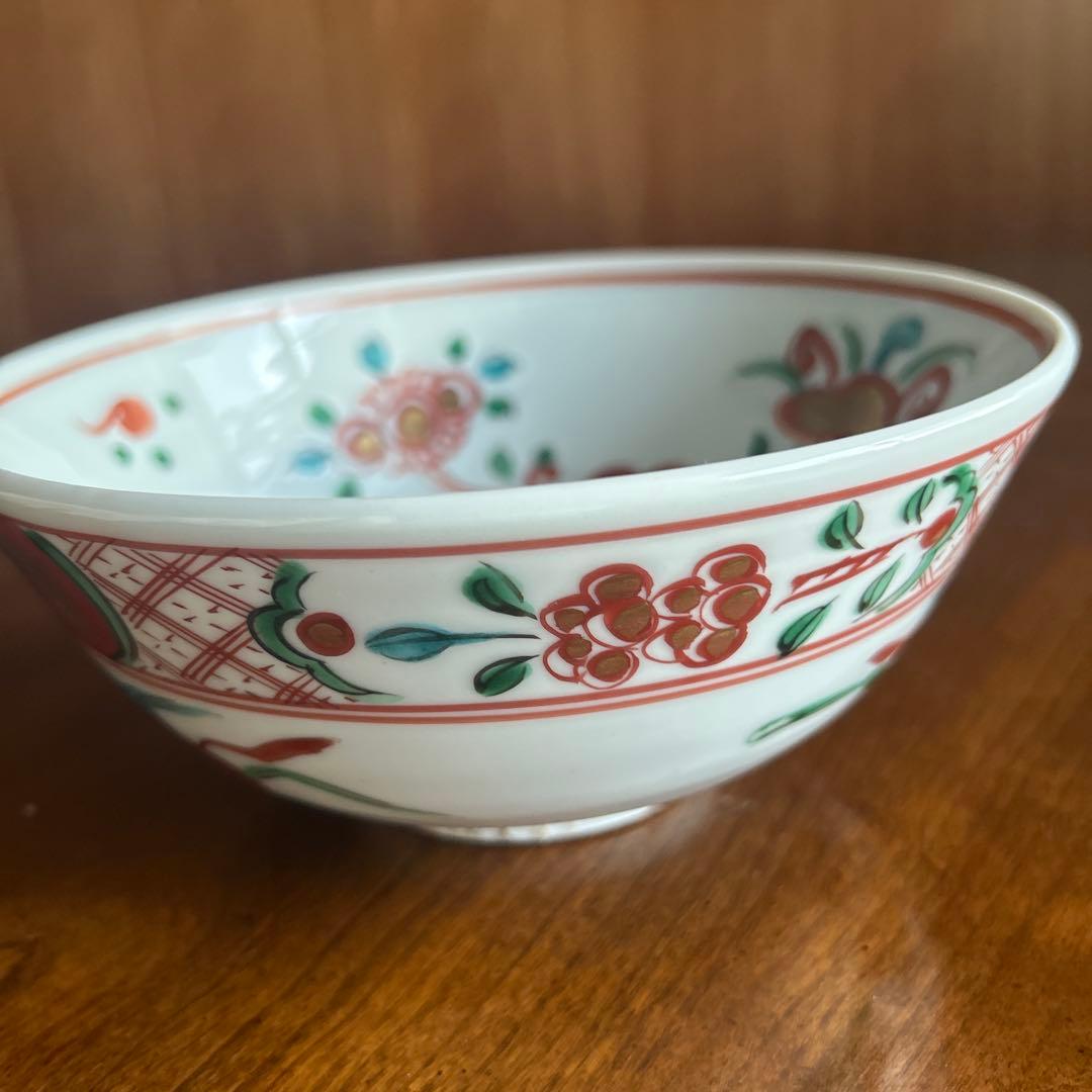 120◆九谷焼　呉須赤絵　中鉢　花鳥画　赤絵鉢18cm