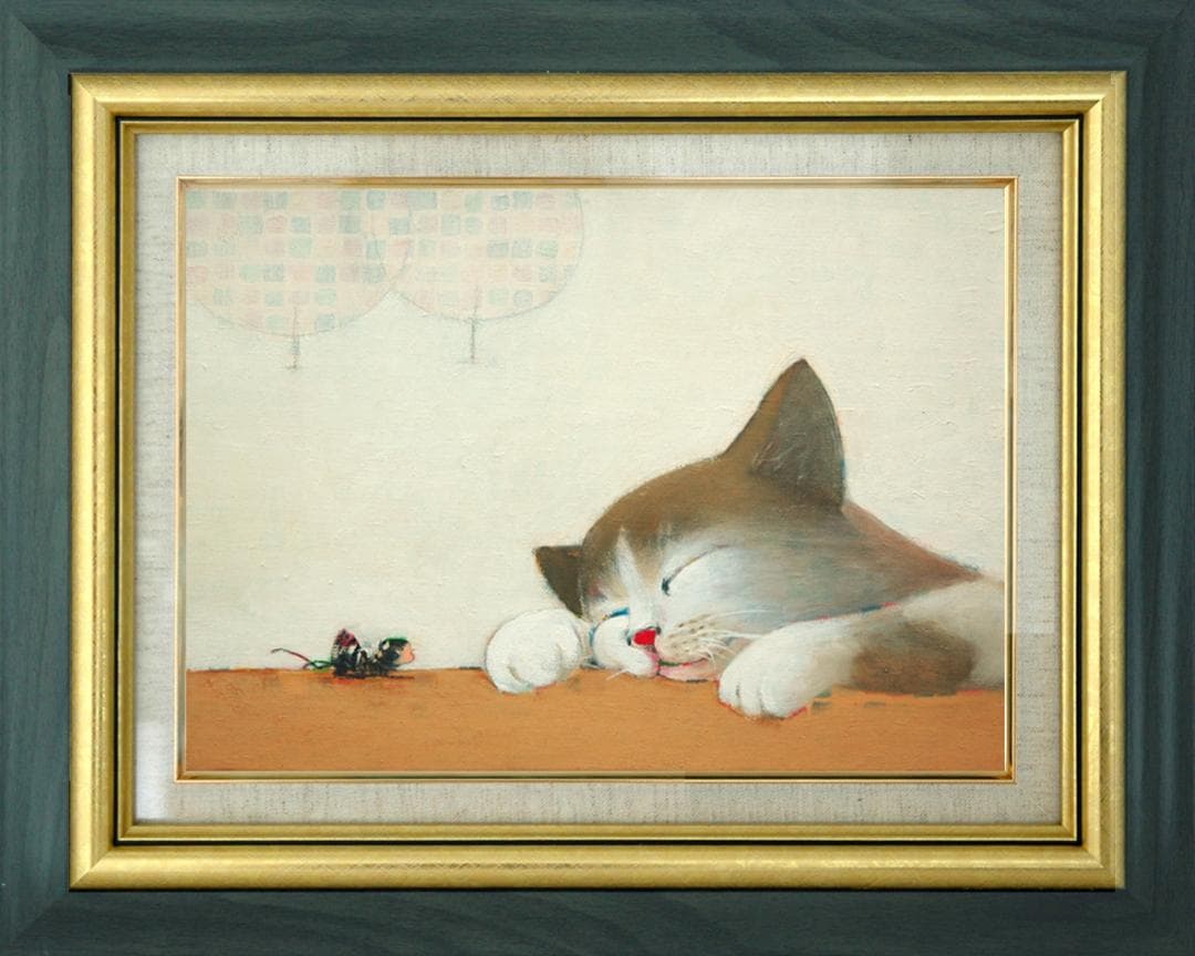 油絵 菅家令子 絵 絵画インテリア 額付(黒) F4-072019 猫と女の子蟻