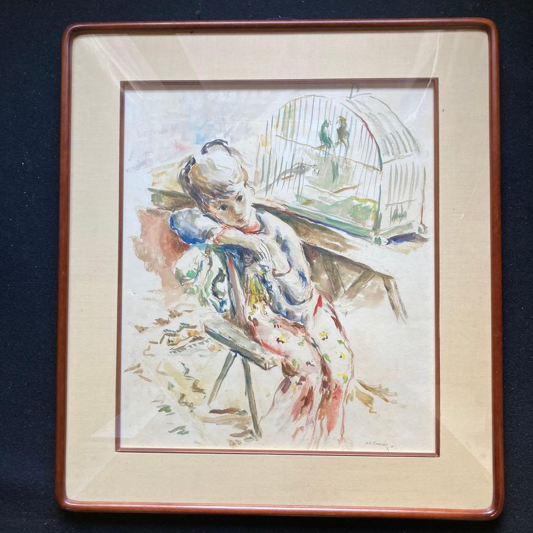 K.L.Crone￼「小鳥と少年」仮題　水彩画額￼約70×63絵￼62×46cm