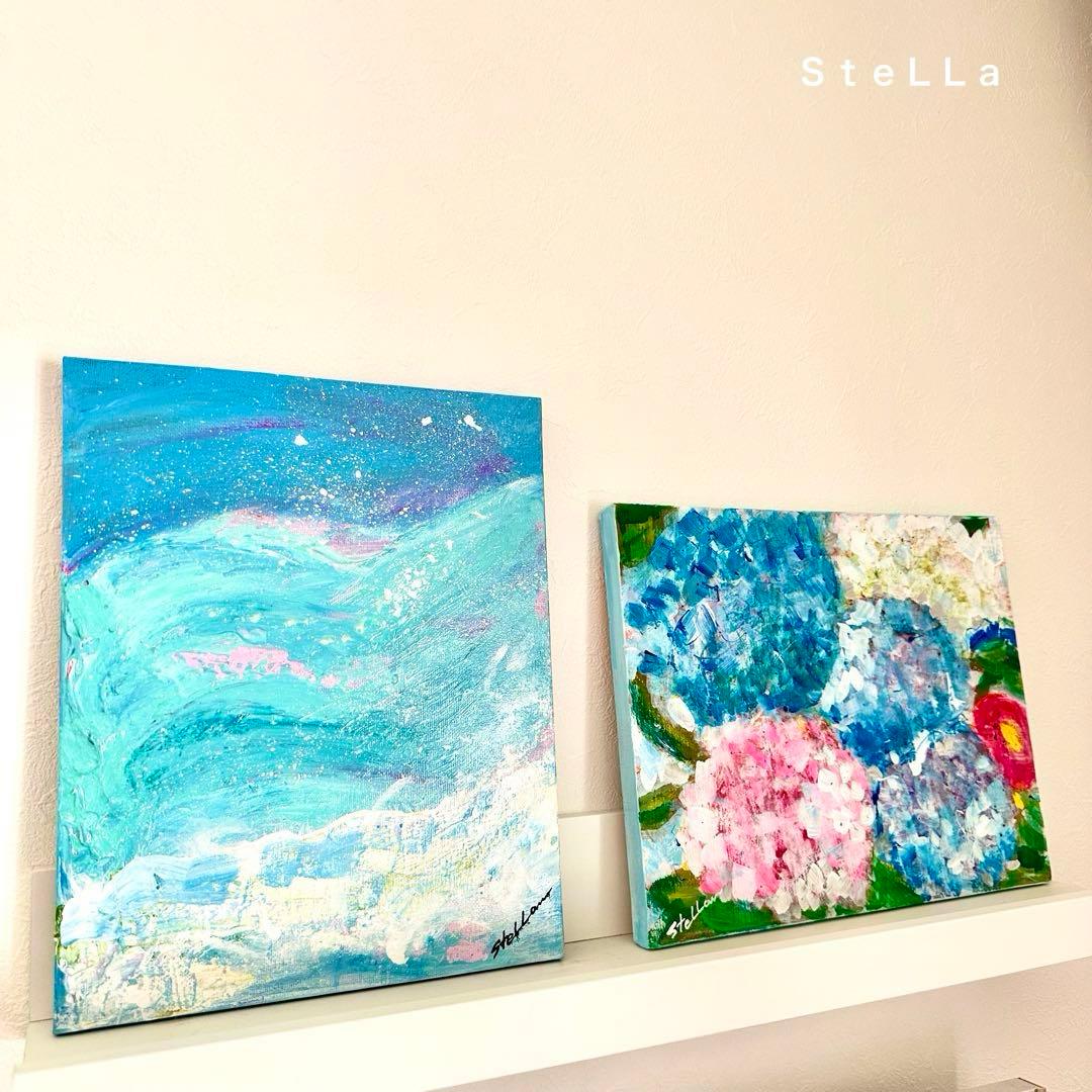 原画　現代アート　お洒落　花　花の絵　店舗インテリア　フラワーアート　青　壁掛け