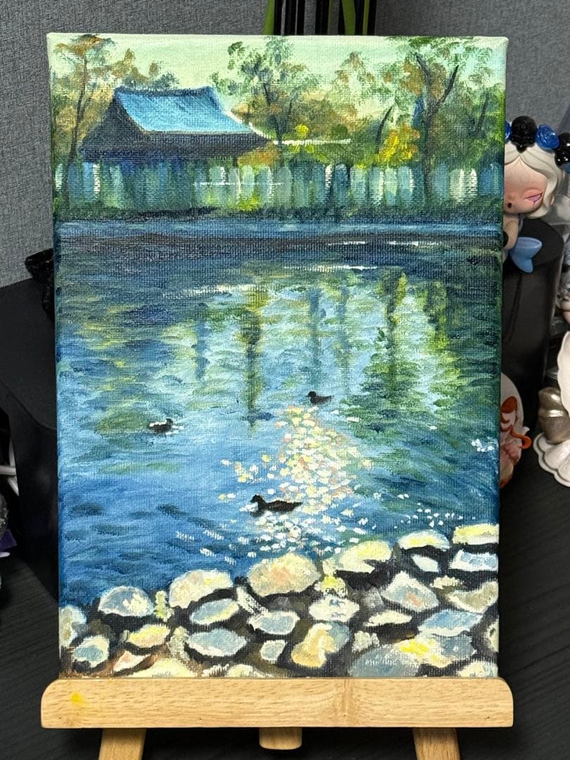 「公園の夕方」　手描き　油絵　肉筆　風景画　原画　油彩画　印象派