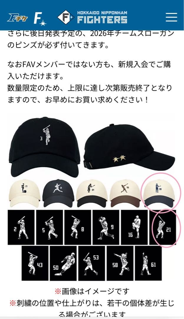 日本ハムファイターズ　清宮幸太郎　選手デザイン刺繍　キャップ　ドミレピンズ付き