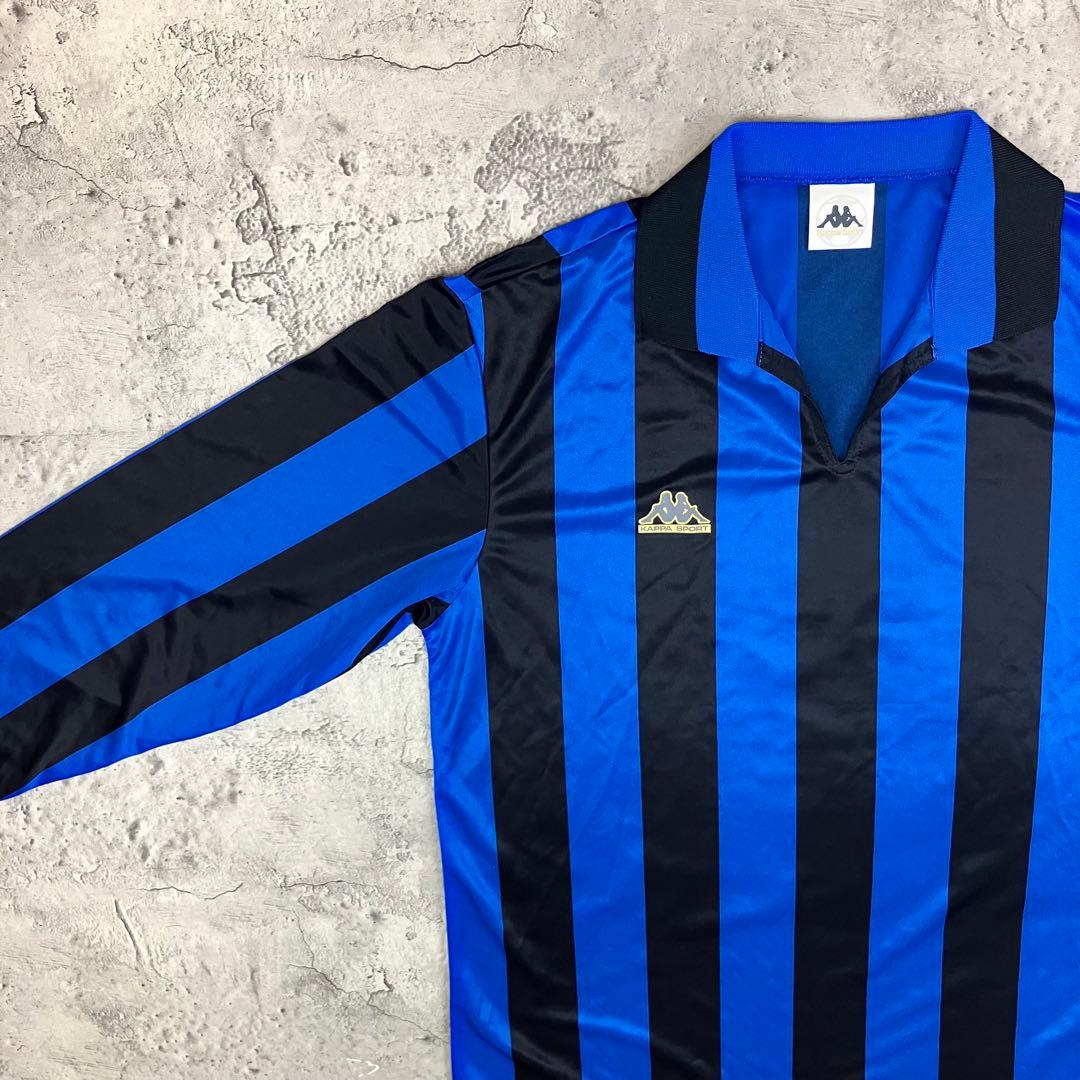 【未使用】90s Kappa 長袖サッカーシャツ #4 日本製 縦縞 青黒 XL