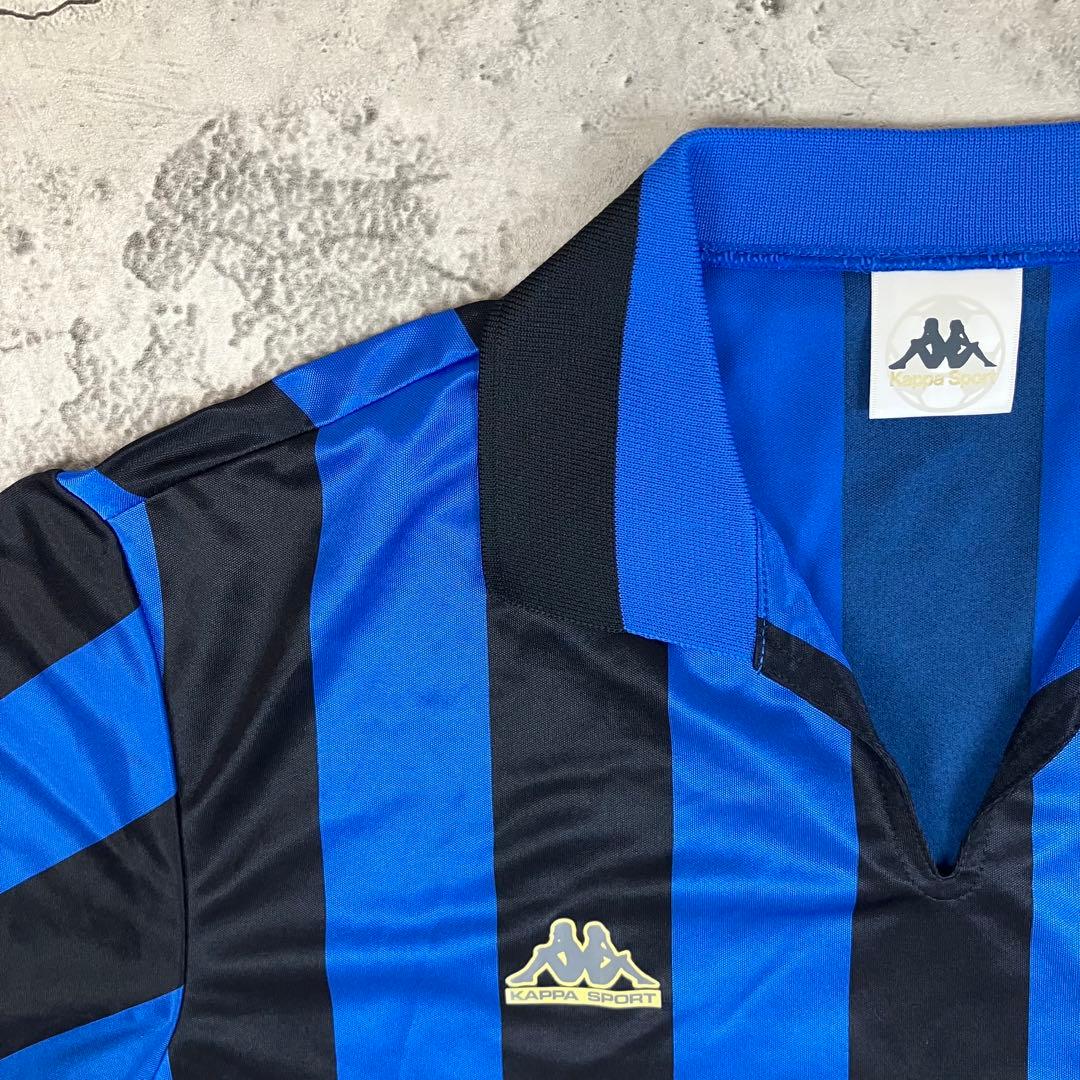 【未使用】90s Kappa 長袖サッカーシャツ #4 日本製 縦縞 青黒 XL