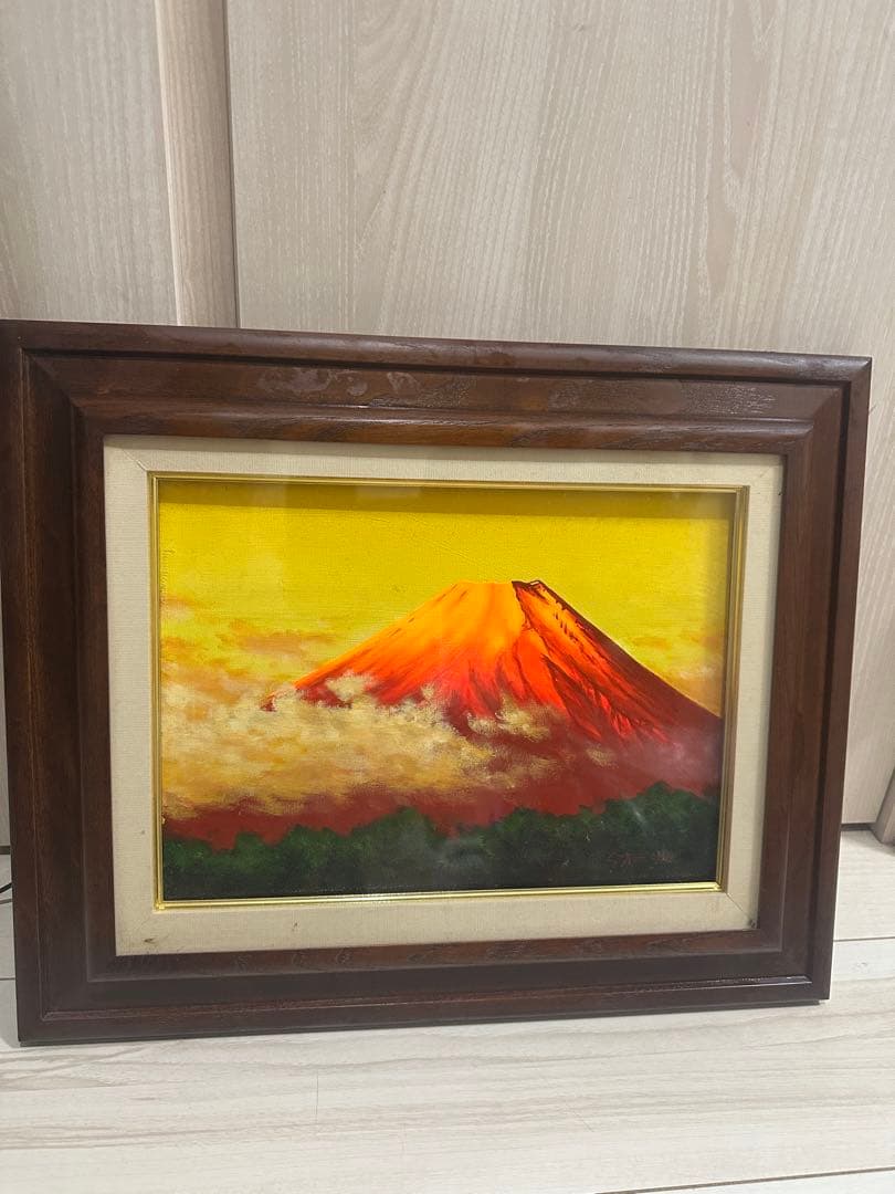 真作 荻島秀峰 大作傑作 油彩「赤富士」画寸