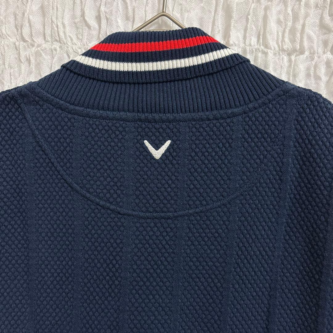 新品 キャロウェイ コットン ニット ベスト 紺 V 刺繍 ショール カラー