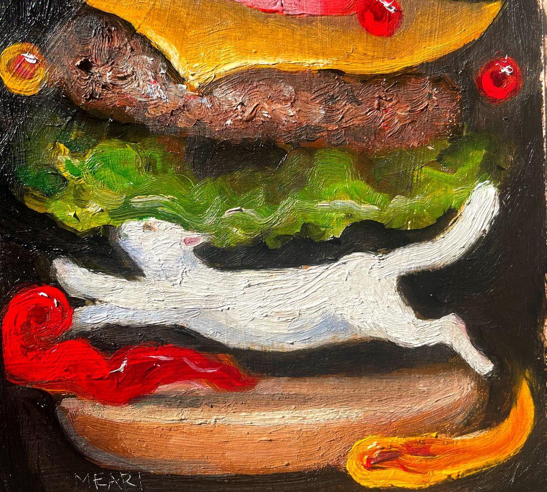 猫バーガー　油彩画　油絵　原画　額付き　オリジナル
