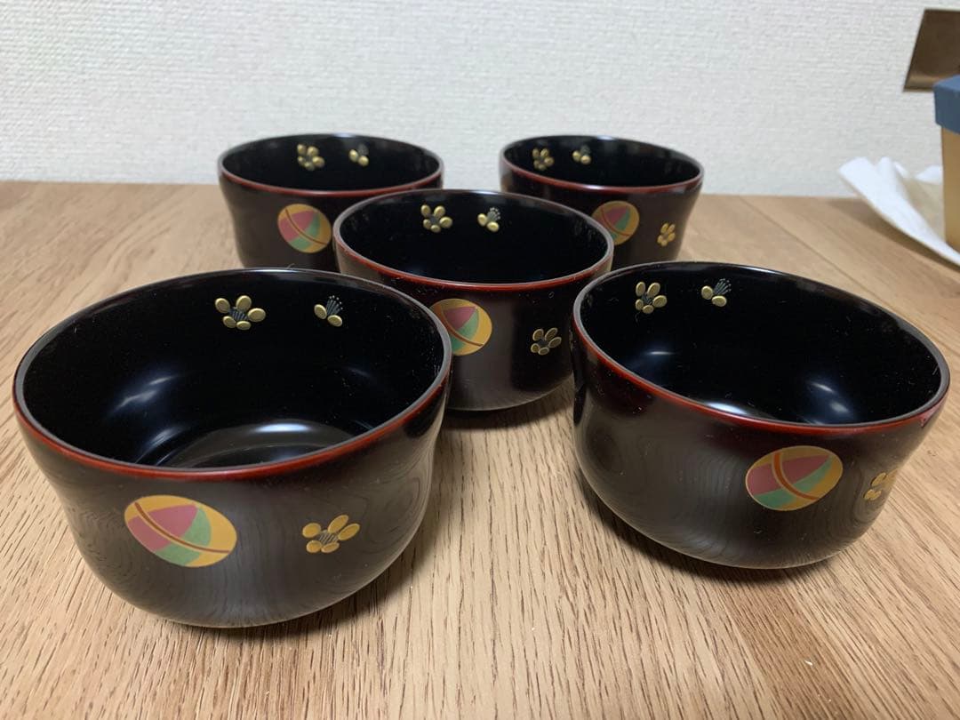 【最終価格】越前漆　沈金蒔絵木製汁椀 5客　手毬宮内庁御用達　手塗り 未使用