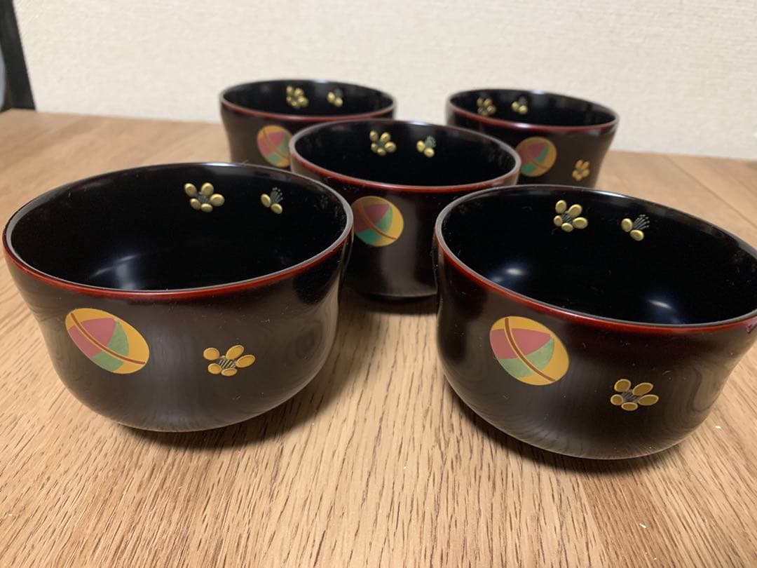 【最終価格】越前漆　沈金蒔絵木製汁椀 5客　手毬宮内庁御用達　手塗り 未使用