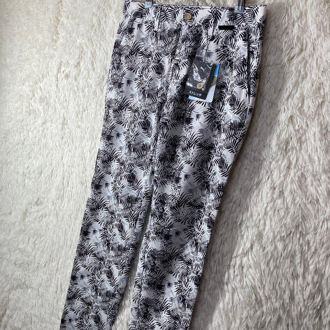 未使用 PUMA プーマ ゴルフパンツ 総柄 ストレッチ ホワイト ブラック M