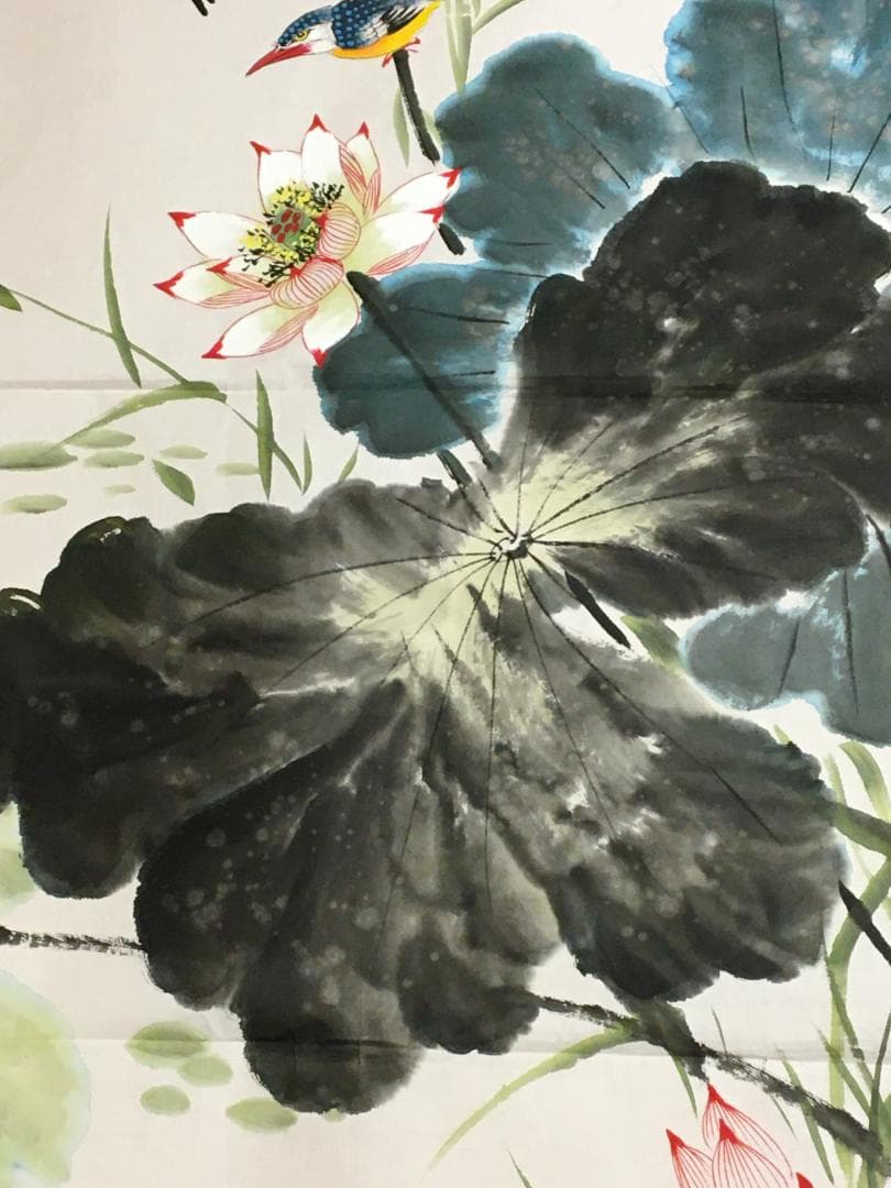 中国現代書画家 呉雅君氏作品『荷塘清趣』図 肉筆真作保証 表装前