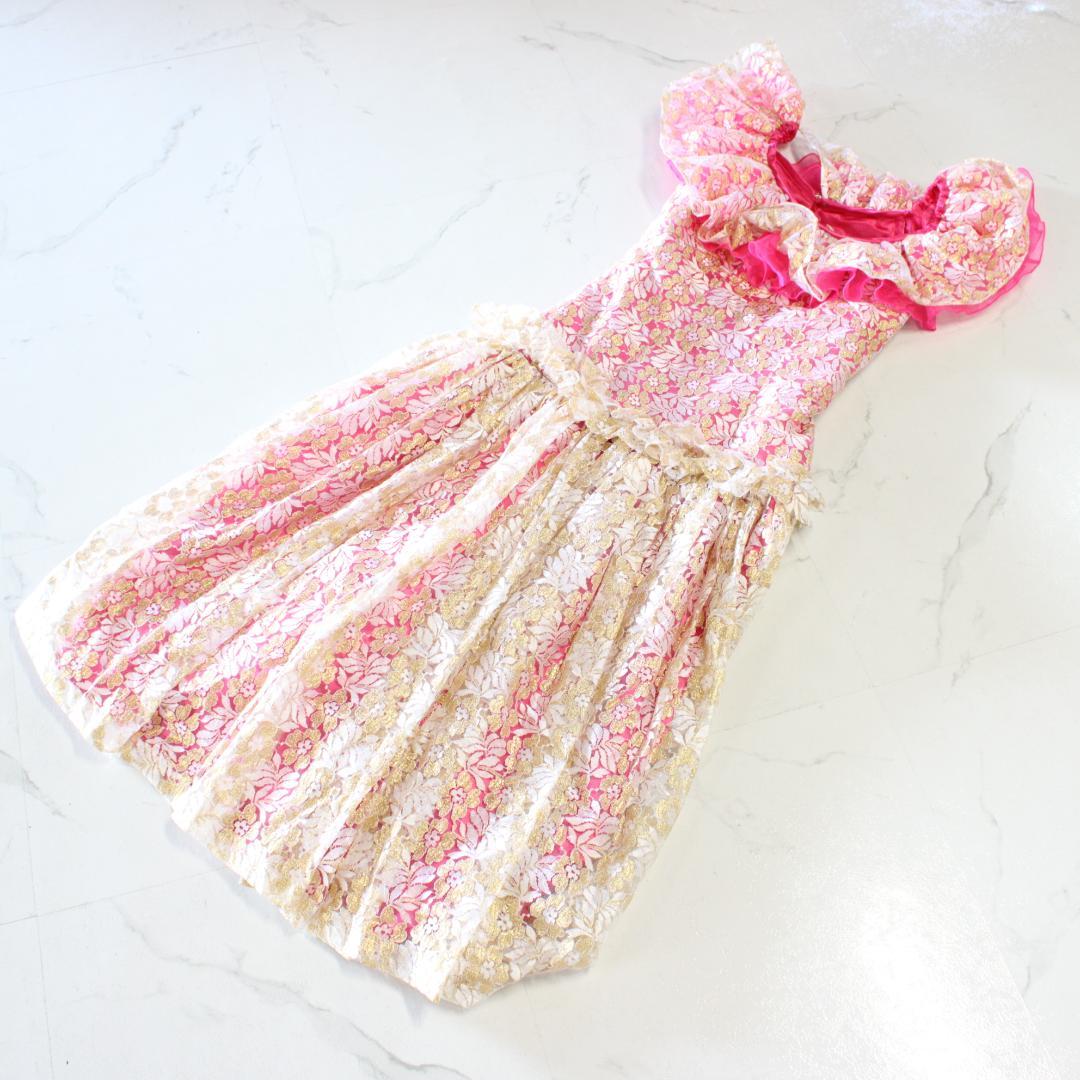 【美品 フラダンス衣装】ピンク ホワイト ゴールド レース ドレス ワンピース