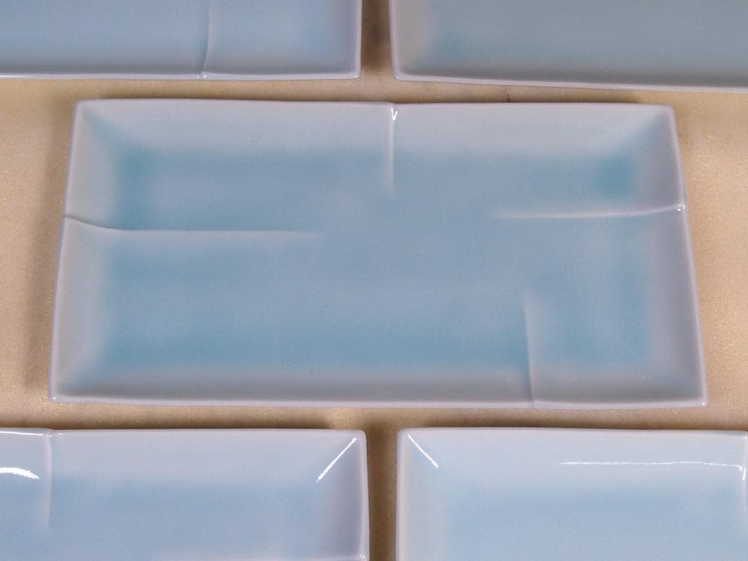 【未使用】たち吉/橘吉 青磁 長角皿 5客 竹節陽刻 焼物皿/刺身皿 磁器/食器