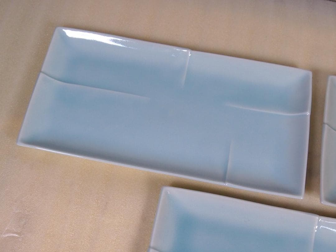 【未使用】たち吉/橘吉 青磁 長角皿 5客 竹節陽刻 焼物皿/刺身皿 磁器/食器