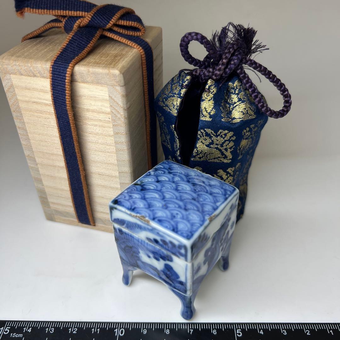 古代　古染付　四足香合　木箱付　高さ約5㎝　東Y8-0312☆2Fタルオル