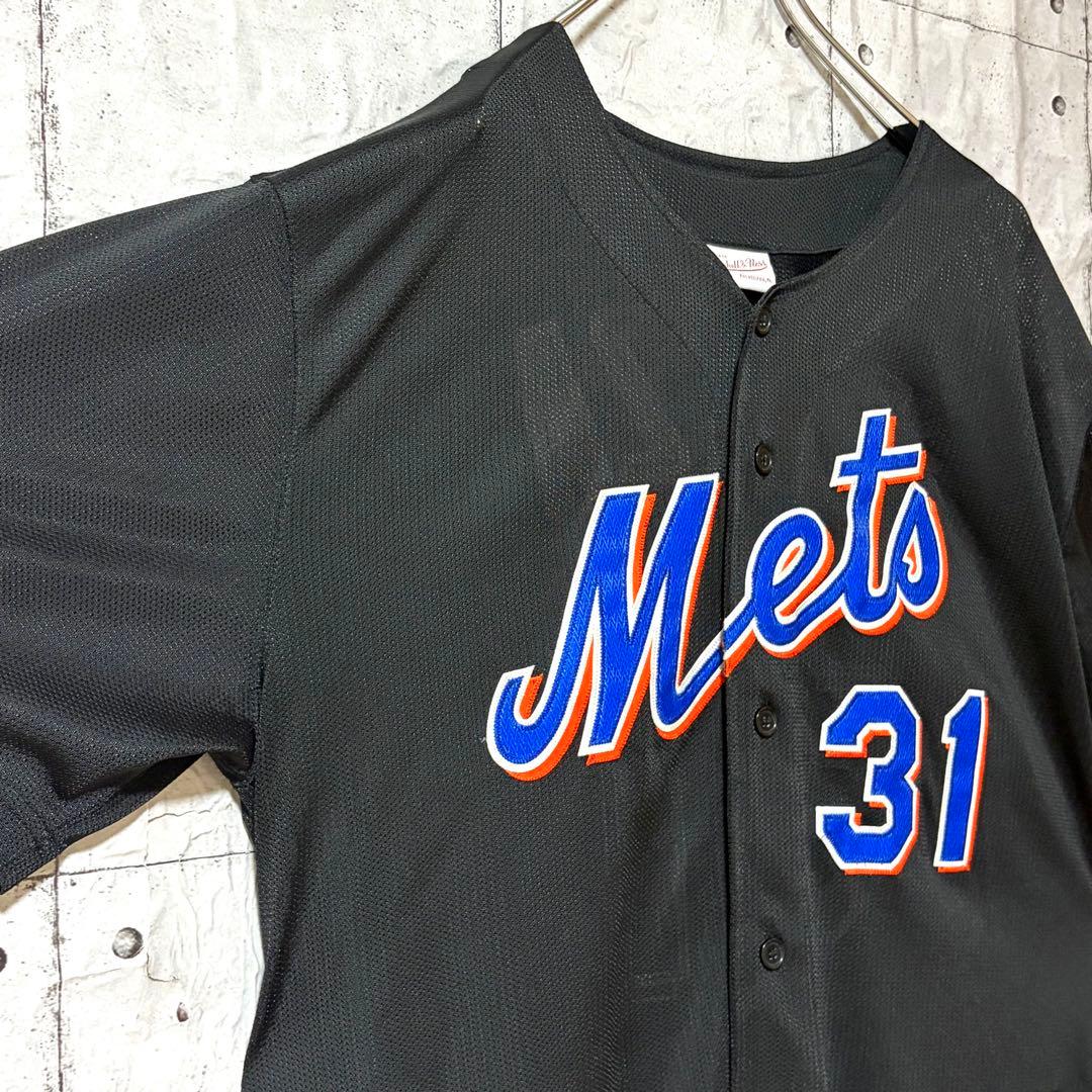 古着 MLB ニューヨーク・メッツ ベースボールシャツ 刺繍ロゴ XL ブラック