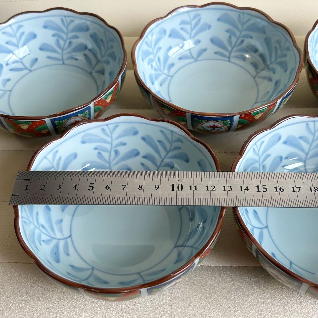 有田焼　清秀　菊割小鉢揃　５枚セット　輪花鉢　色絵　煮物鉢　中鉢　古伊万里　赤絵