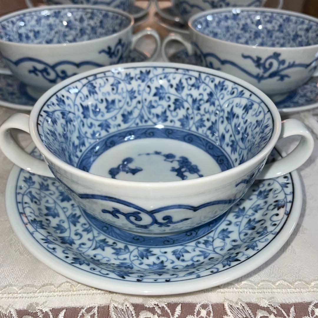 龍峯窯　染付唐草　スープカップ5個　ソーサー5枚セット　未使用