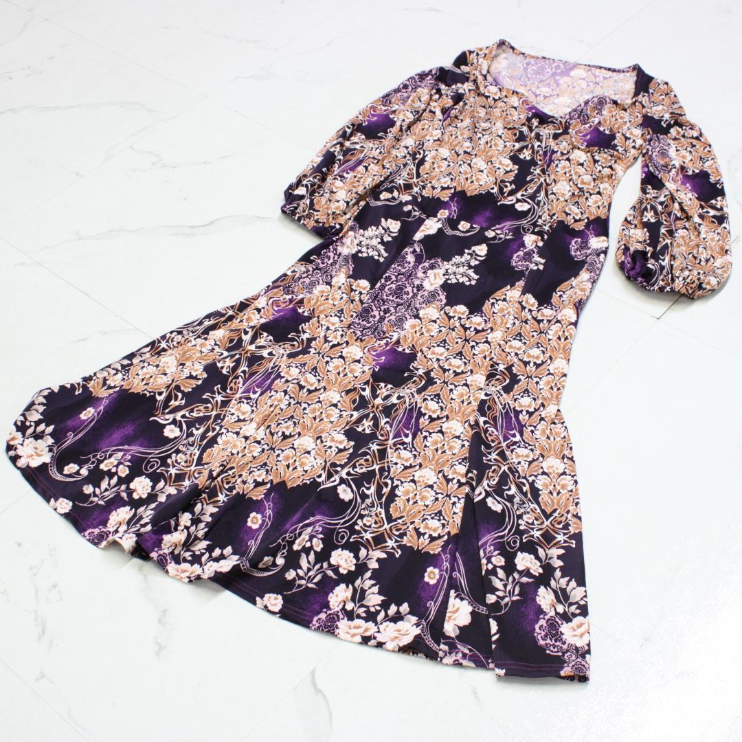 【美品 社交ダンス衣装】ワンピース ドレス Otto Mサイズ 紫 花柄