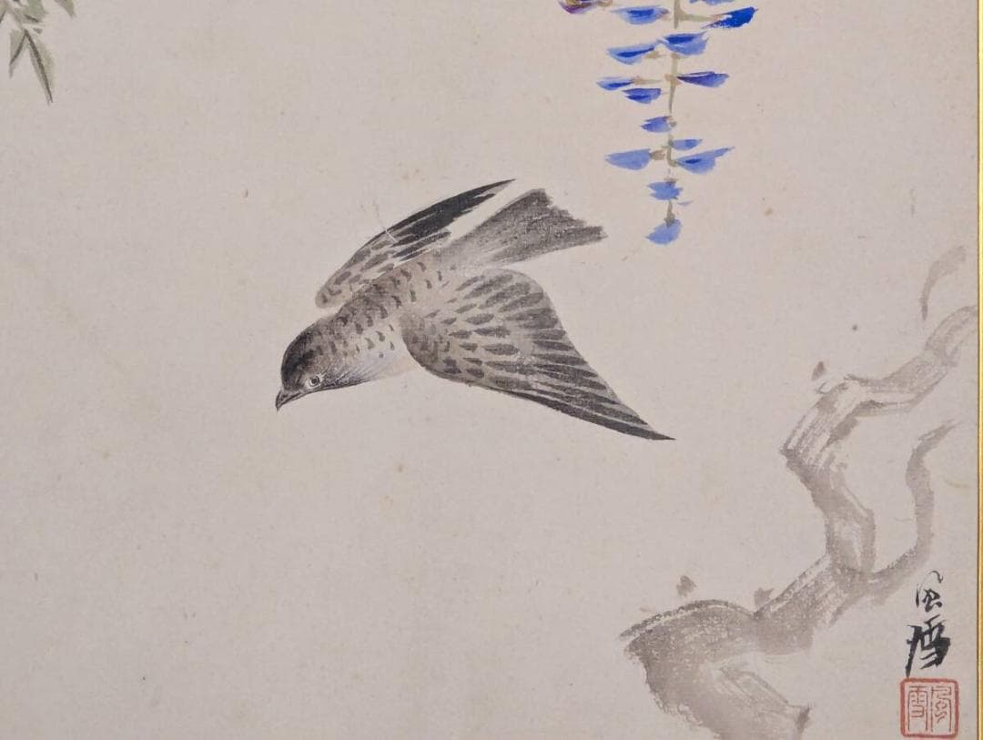 【真作】絵画　日本画（色紙）　藤に飛翔する鳥　雅趣あふれる花鳥画　Z55