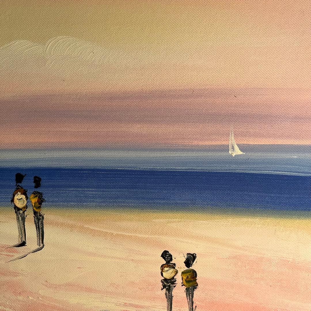 手描き油絵 夕暮れの海岸 額付 肉筆絵画 インテリア 油彩画