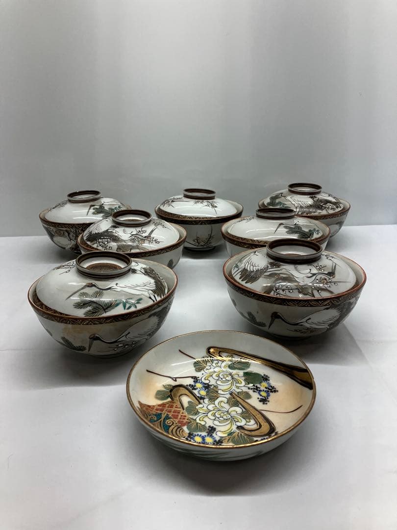 A0104)レトロ　九谷焼　鶴　お茶碗　蓋付き　7客セット