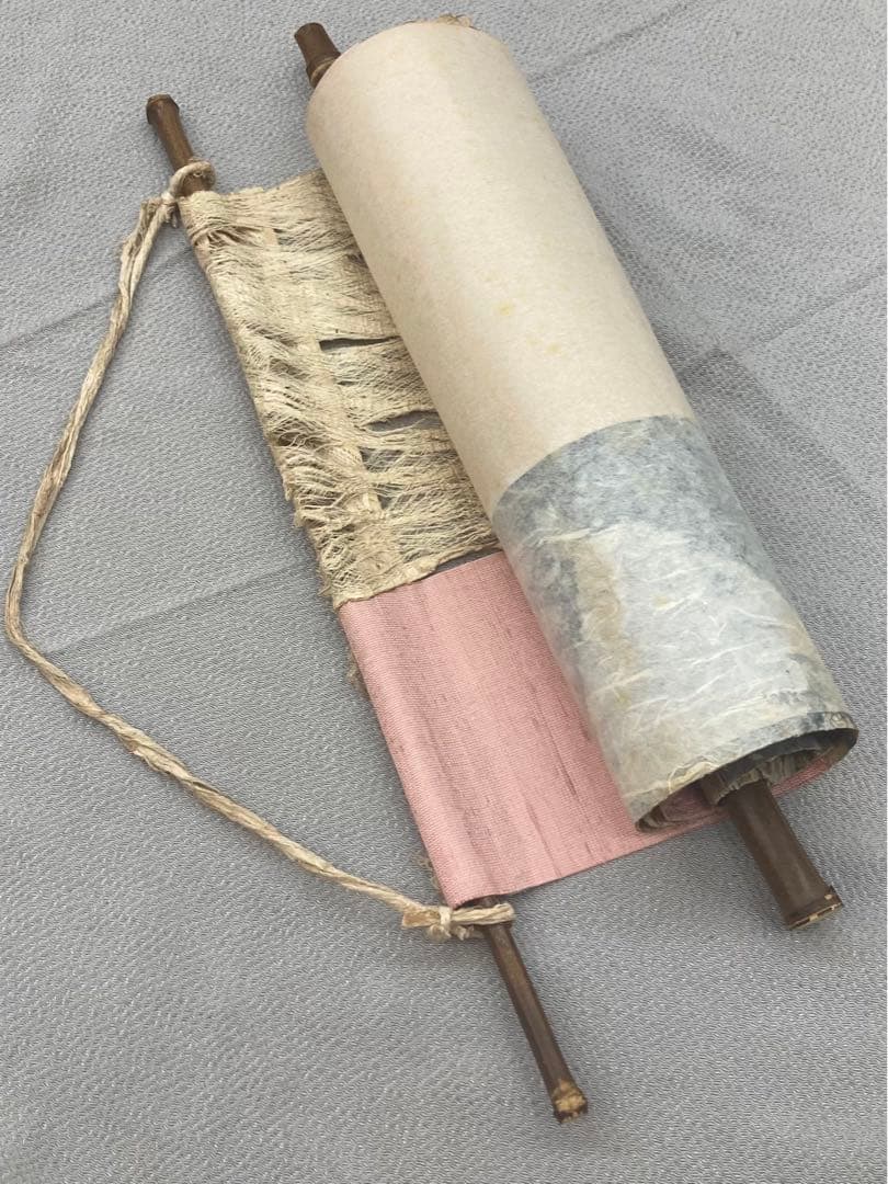 B155s  寒山拾得図  壁飾り　治海画　麻布　掛軸様式　彩墨画　布和紙表装