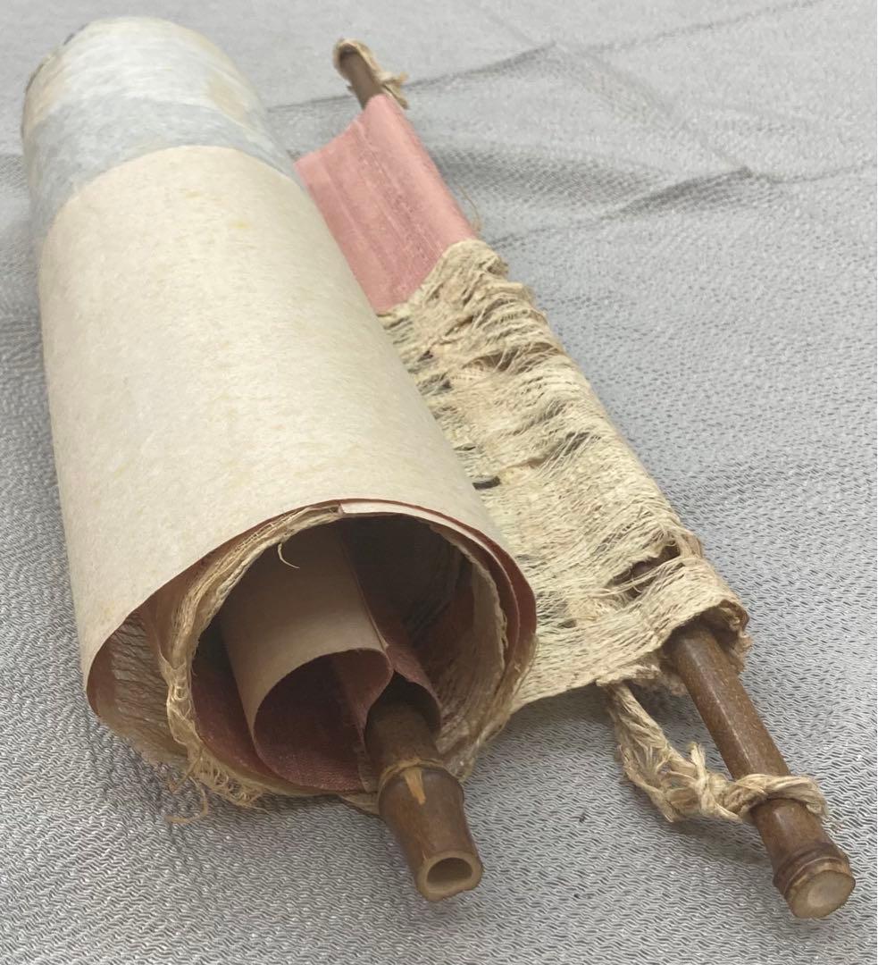 B155s  寒山拾得図  壁飾り　治海画　麻布　掛軸様式　彩墨画　布和紙表装