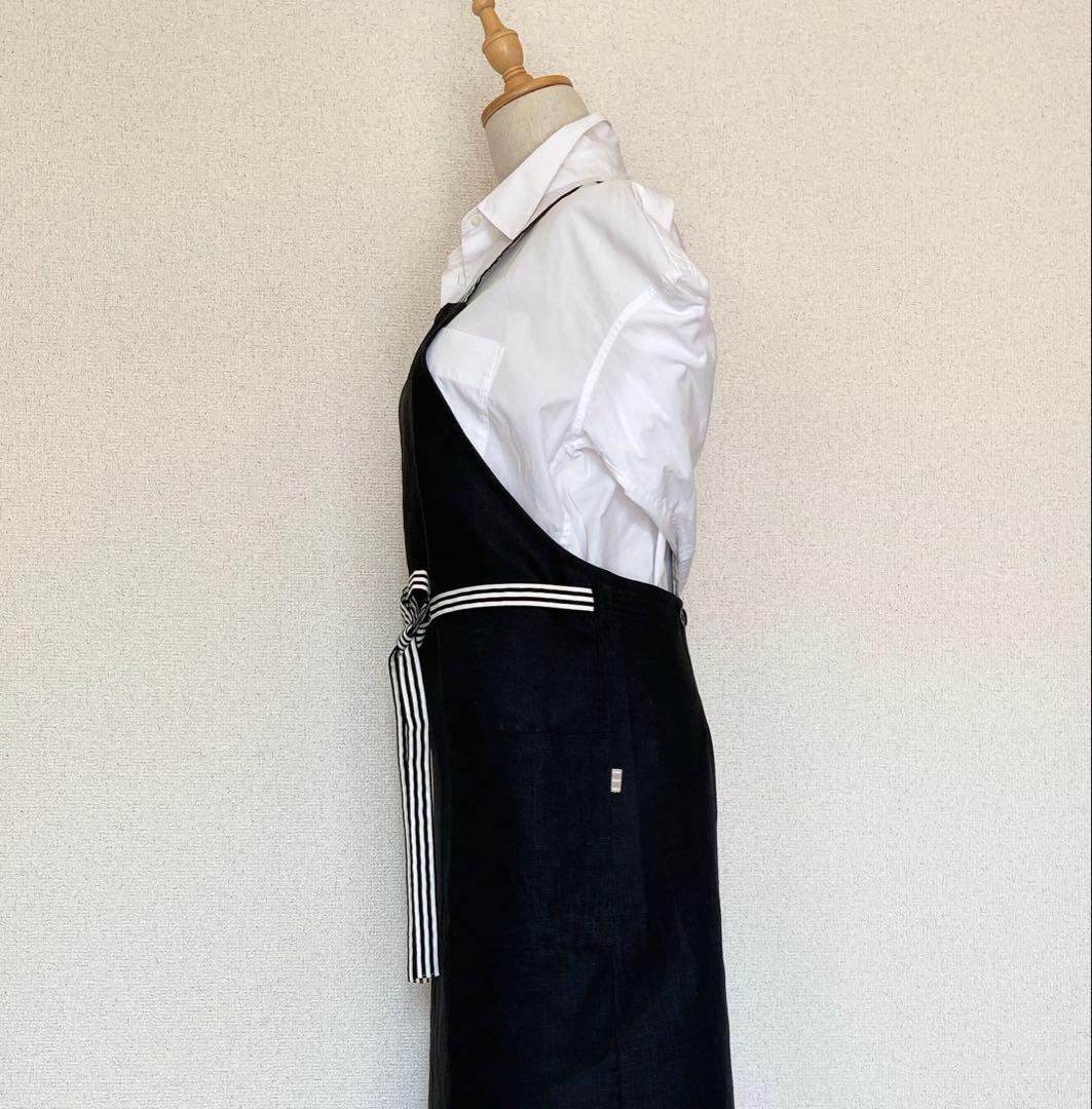 リネンエプロン 肩紐クロス《黒ストライプ》お尻が隠れるエプロン　ハンドメイド