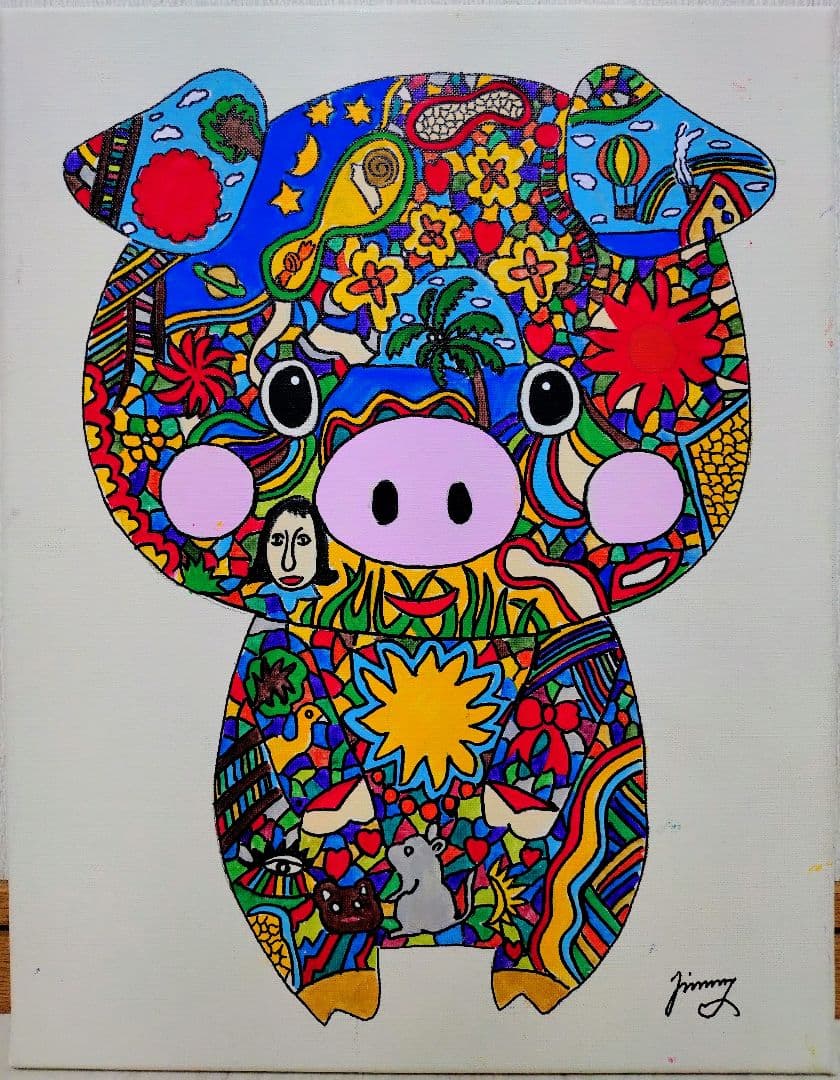 【F6号】ジミー大西【Pig】手描き作品/表裏サイン/油彩/アクリル/絵画/額縁