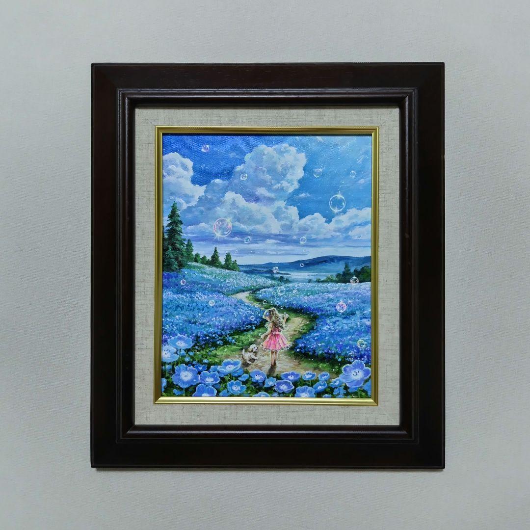 【ネモフィラ散歩道】アクリル画 F3 風景画 絵画