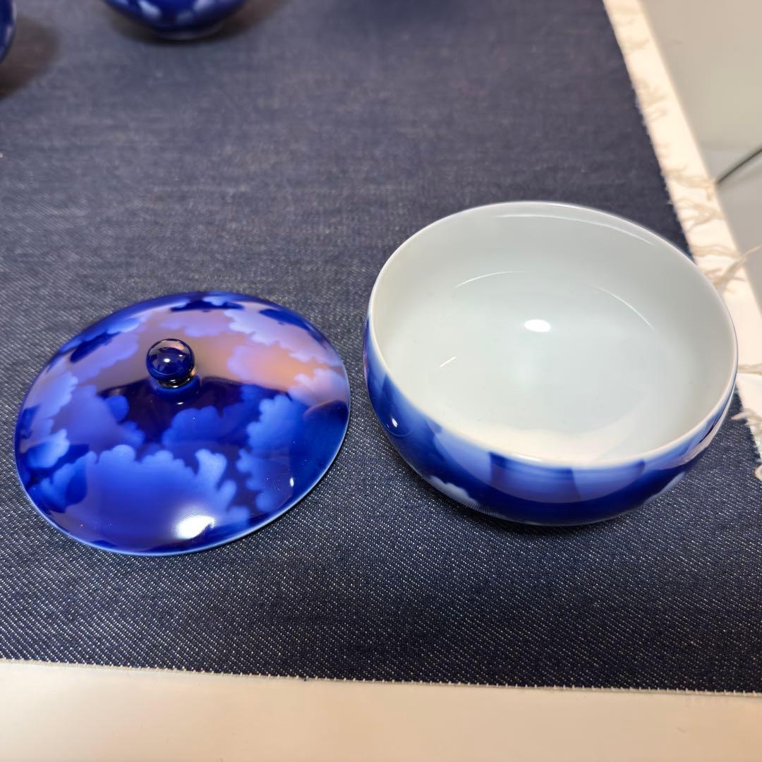 宮内庁御用達 深川製磁 瑠璃 山水 蓋付湯呑 7客揃 美品 有田 フカガワブルー