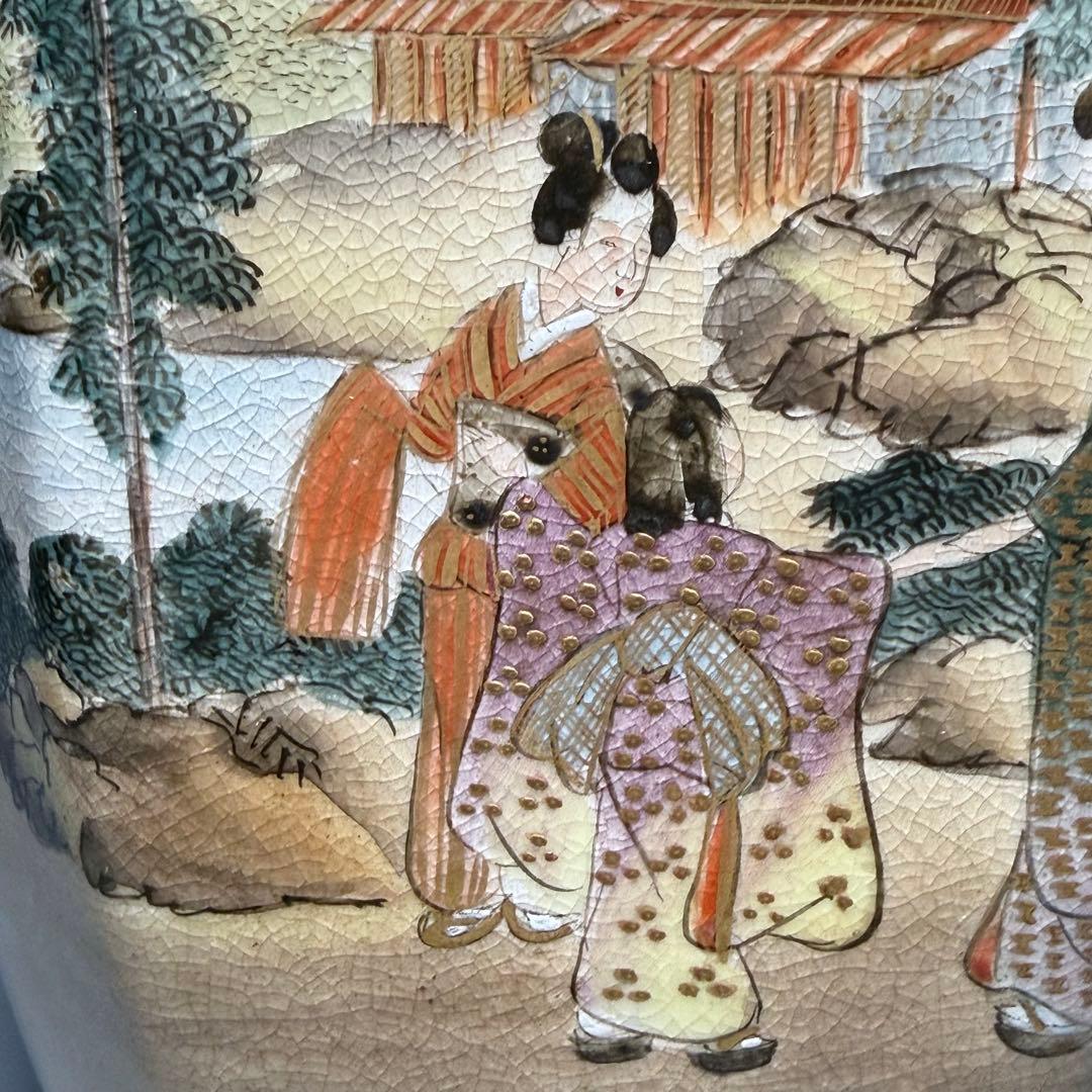 幕末〜明治期　瑠璃薩摩　美人図六角花瓶　共箱　蒐集家　豪商旧蔵品　高30.8cm