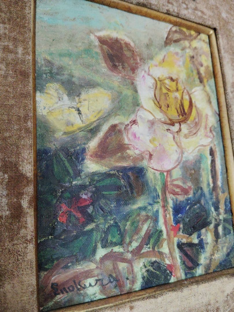 黄バラ　Enokura　サイン入り　薔薇の油彩画 　彫刻装飾フレーム付き