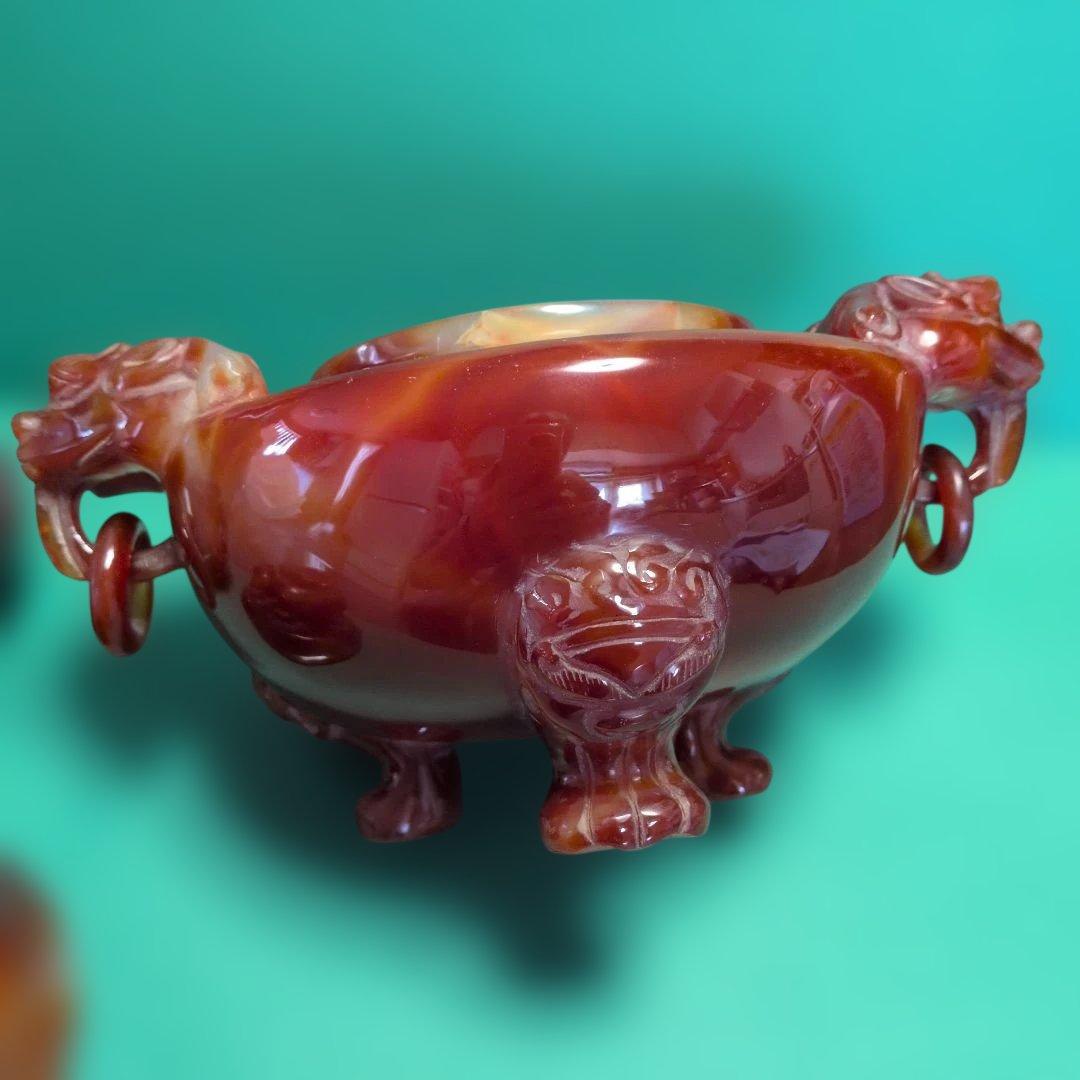 赤翡翠石彫刻　香炉　中国美術品