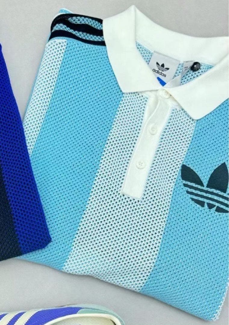 新品L Adidas ショートスリーブ ポロシャツJL5976 スカイブルー