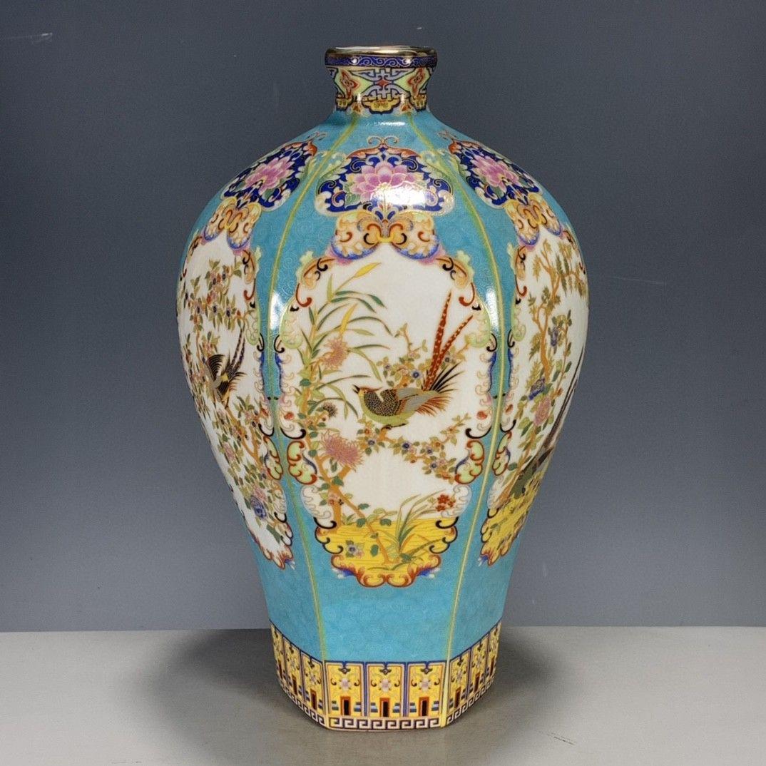 盧芹斎粉彩蒔金花鳥梅瓶 景徳鎮 陶磁器 装飾品 現代工芸品美術品 置物