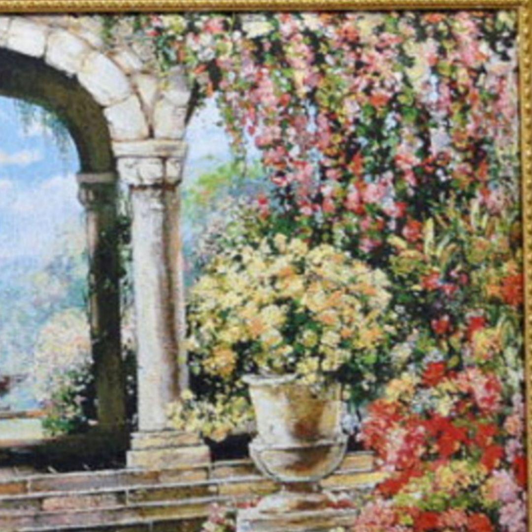 絵画　『噴水のある風景』　フランス・ゴブラン織り使用　良質キャンバス　豪華　額絵