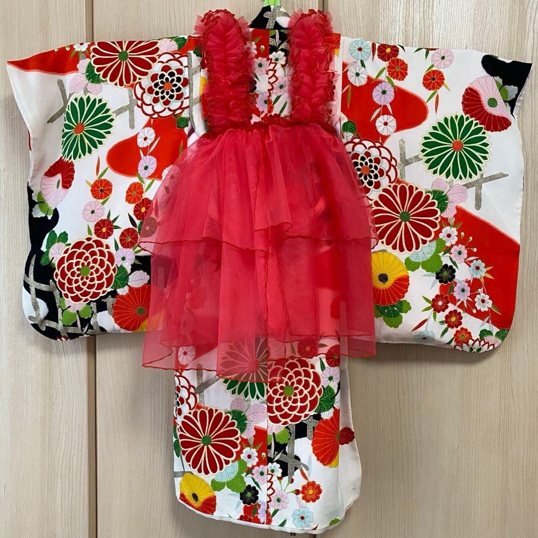 ハンドメイド　チュール被布　朱色　七五三　３歳