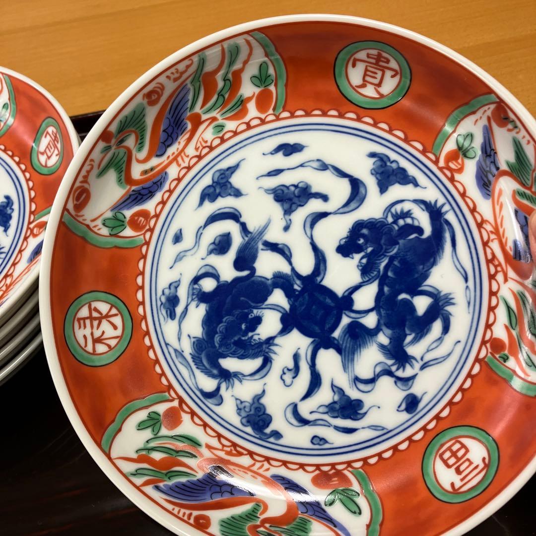 【未使用】たち吉　間取赤絵　獅子鳳凰丸紋　中皿　盛り皿　5P
