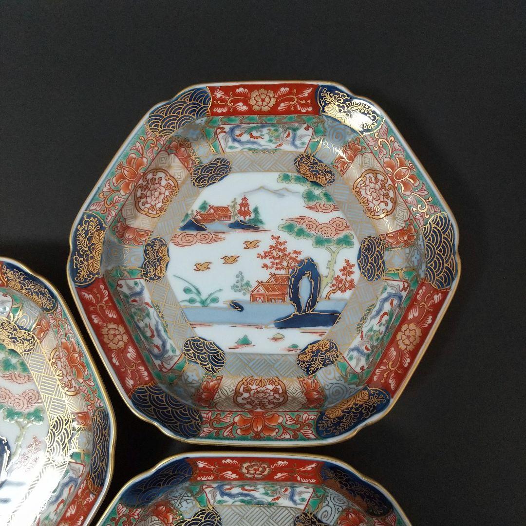未使用品 有田焼 幸楽窯 錦色絵山水 銘々皿 中皿 六角皿 14㎝ 古伊万里文