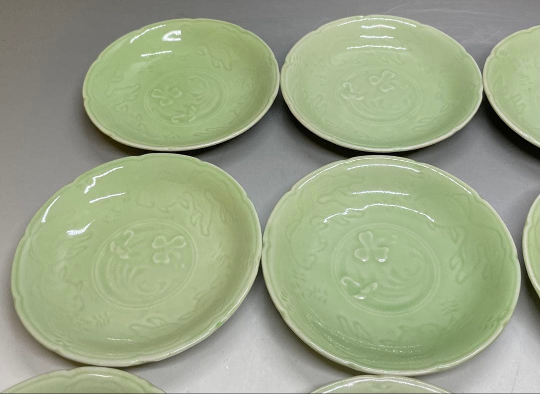 古伊万里　青磁　金魚図　豆皿　小皿　15客　江戸時代　b8907