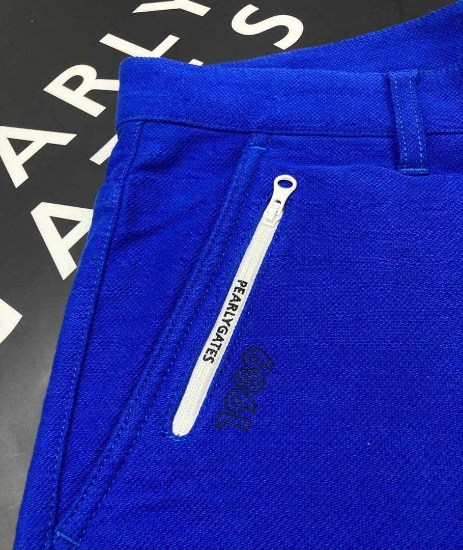新品 パーリーゲイツ コットンストレッチバーズアイ表起毛パンツ(4)サイズM/青