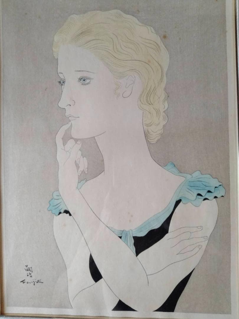 【限定割引!!】藤田嗣治(レオナール•フジタ)フランス娘 リトグラフ 額装木版画
