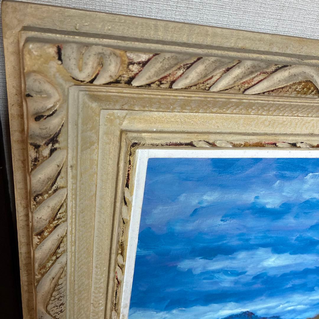油彩画 山の風景 赤い屋根の小屋