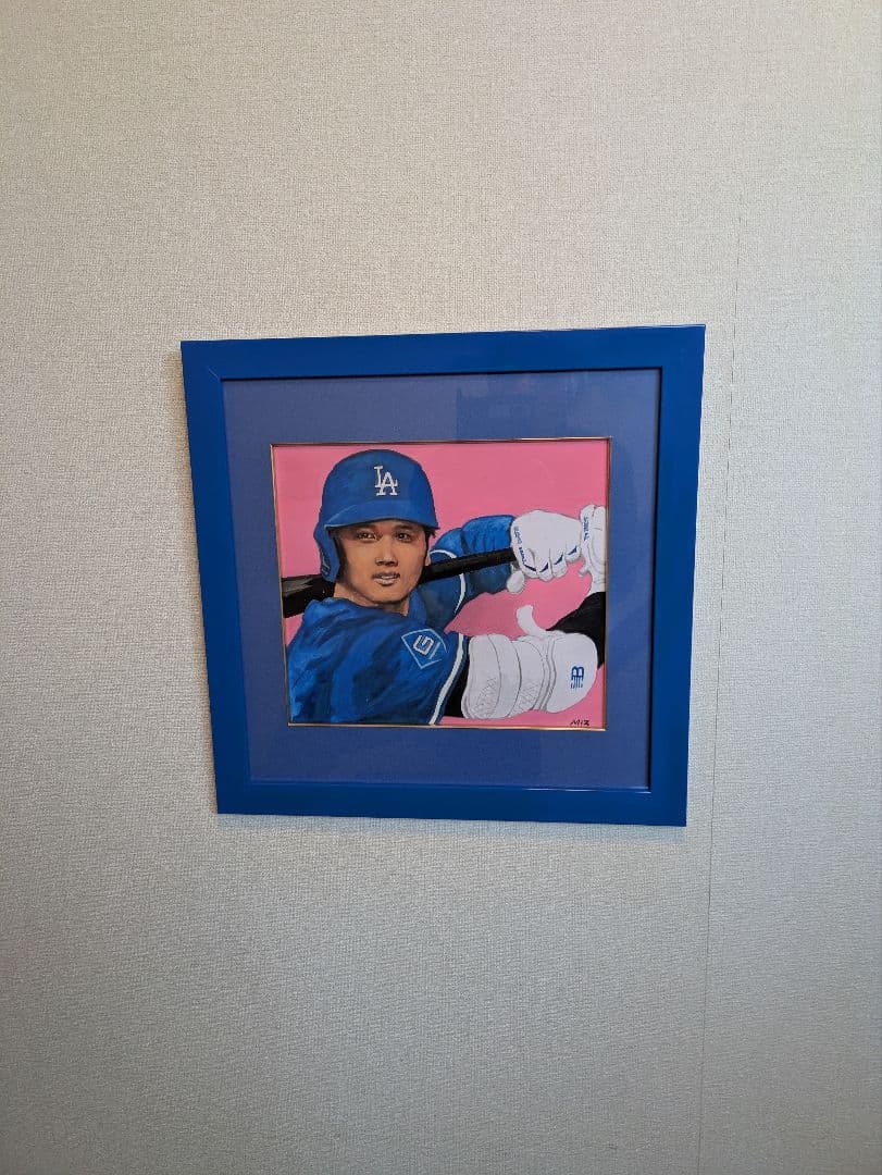 【真　作】大谷翔平選手、色紙に水彩画、サイン「MIZ」有、額付