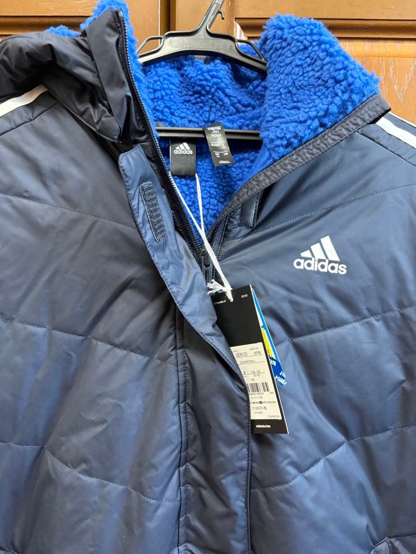 adidas フリース裏地 ロングベンチコート ネイビー 新品タグ付き150㎝