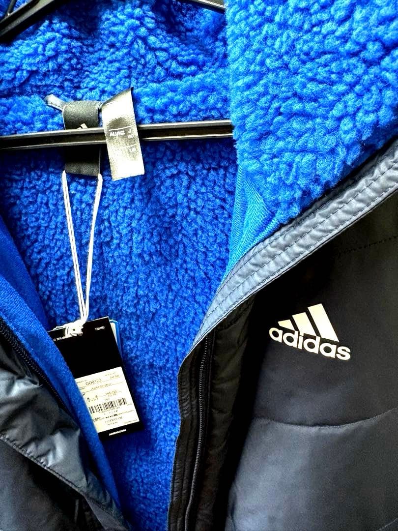 adidas フリース裏地 ロングベンチコート ネイビー 新品タグ付き150㎝