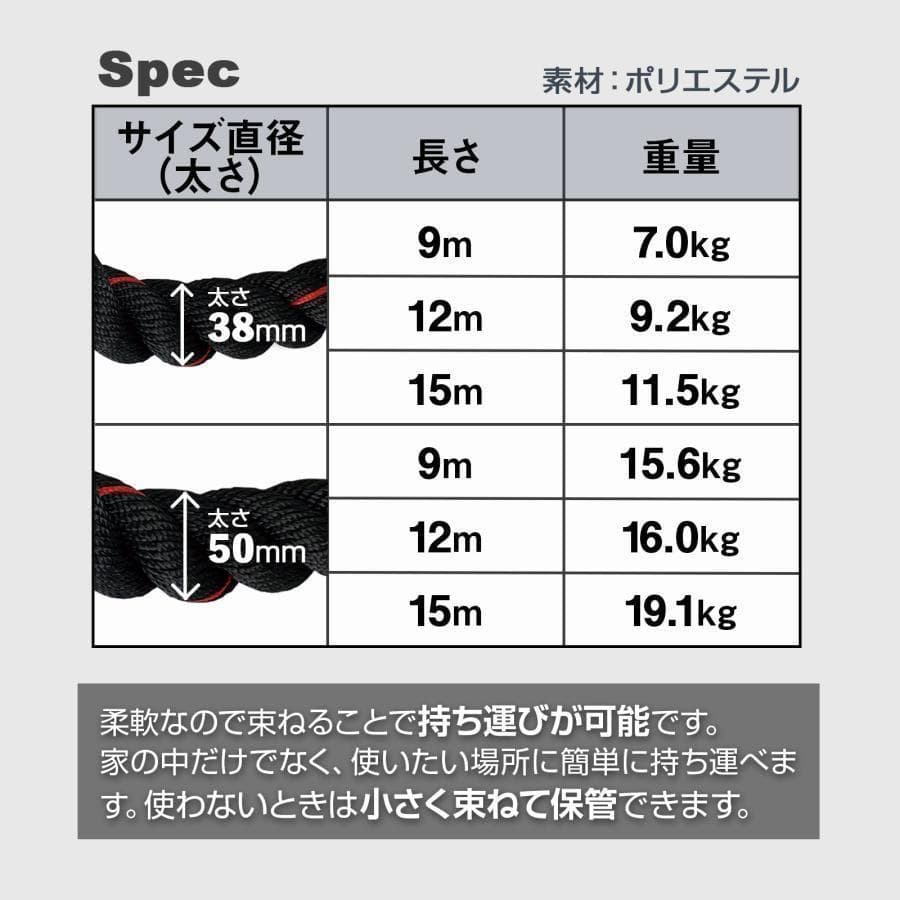 トレーニングロープ バトルロープ 50mm x 長さ9m プログレード付2383